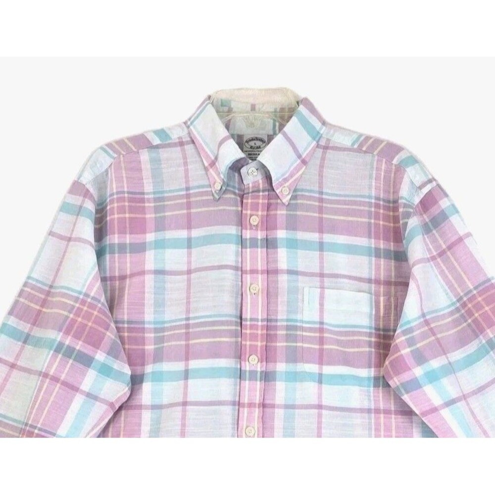 Brooks Brothers Shirt Mens Large Pastel Plaid Long Sleeve Cotton Lightweight